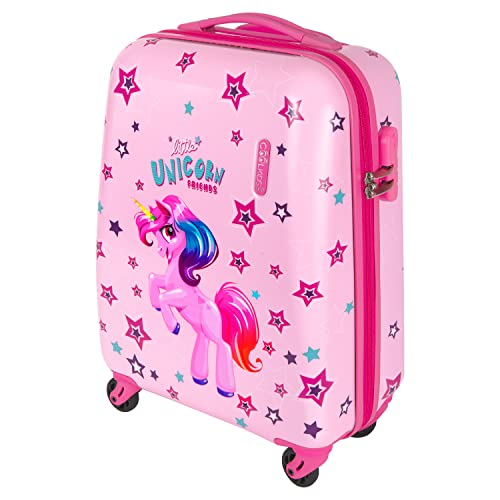 PERLETTI Einhorn Kinderkoffer Rosa - Kinder Trolley Handgepäck Leicht 4 Rollen und Zahlenschloss - Hartschalen Kabinentrolley Mädchen - Reise Koffer Lufthansa Ryanair 51x35x20 cm (Einhorn Pink, XS) von PERLETTI