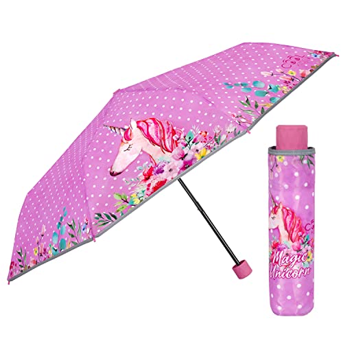 PERLETTI Einhorn Taschenschirm Kinderschirm Mädchen 7+ Jahren - Rosa Pink Unicorn Regenschirm Minischirm - Regenschirm Klein Windfest mit Reflektierendem Rand - Durchmesser 91 cm (Magic Unicorn) von PERLETTI