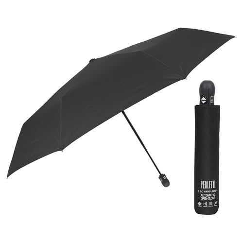 Extra Slim Taschenschirm Herren mit Auf Zu Automatik - Schwarzer Schirm Herrenschirm Sturmfest Winddicht - Regenschirm Klappbar Faltbar Kompakt - Durchmesser 90 cm - Perletti (Extra Slim Schwarz) von PERLETTI