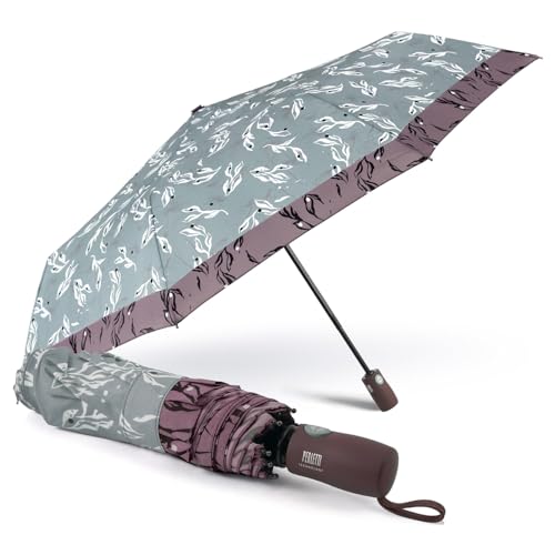 PERLETTI Farbige Regenschirm Damen Ultra Leicht Auf Zu Automatik - Kleiner Taschenschirm Frauen Mädchen Handtasche - Mini Regen Schirm Kompakt Sturmsicher Sturmfest (Blumenmuster mit Violettem Rand) von PERLETTI