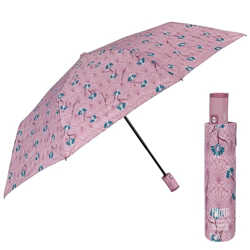 PERLETTI Farbige Regenschirm Damen Ultra Leicht mit Auf Zu Automatik - Kleiner Taschenschirm Frauen Mädchen Handtasche - Mini Regen Schirm Kompakt Sturmsicher Sturmfest (Pink mit Blumen) von PERLETTI