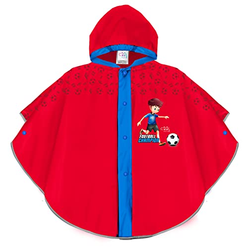 PERLETTI Fußball Regenponcho für Kinder 3 4 5 6 Jahre mit Refletierenden Details - Sicher Regen Cape Kleinkind Jungen Mädchen Kindergarten - Regenmantel Rot mit Fußballer (Football, 3-6 Jahre) von PERLETTI