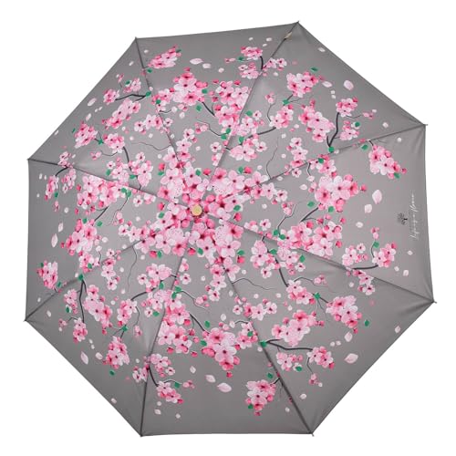 PERLETTI Green Damen Taschenschirm Ökologisch Automatik - Kompakt Klein Schirm Natürlich Öko Eco Friendly - Umwelfreundlicher Regenschirm Sturmfest Mini aus Holz - Durchm 96 cm (Kirschblüten) von PERLETTI