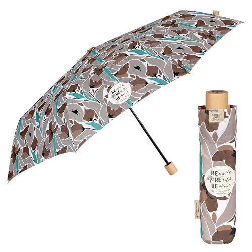 PERLETTI GREEN Manueller Regenschirm Ökologisch für Frauen - Damen Taschenschirm mit Holzgriff und Stoff Recycelt - Umwelfreundlicher Schirm Kompakt Windfest Klein - Durchmesser 97 cm (Brune Blumen) von PERLETTI