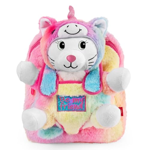 PERLETTI Kawaii Rucksack Einhorn für Kleine Mädchen 3 4 5 6 Jahre - Abnehmbarer Plüsch Katze Pluschtier für Kinder Kindergarten - Weiche Tasche Mehrfarbig Regenbogen (Rucksack) von PERLETTI