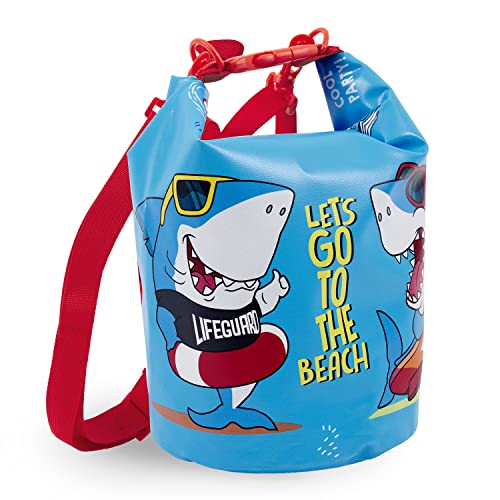 PERLETTI Kinder Dry Bag 5L Wasserdicht - Wasserabweisende Badetasche für Kleine Jungen - Licht Blau Trockenbeutel Packsack Rucksack für Schwimmen Strand See Kindergarten Sport - 25x18x18 cm (Hai) von PERLETTI