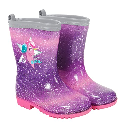 PERLETTI Kinder Einhorn Gummistiefel Rosa mit Glitzern - Wasserdichte Regen Stiefel Regenstiefel mit Rutschfeste Sohle und Silber Rand Reflektierend - Unicorn Stiefeletten Mädchen (Lila, 22/23 EU) von PERLETTI