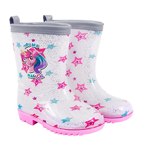 PERLETTI Kinder Einhorn Regenstiefel mit Glitzern - Weiße Wasserdichte Gummistiefel Regen Stiefel Rutschfest mit Silber Rand Reflektierend - Unicorn Stiefeletten Kleinkind Mädchen (Silber, 26/27 EU) von PERLETTI