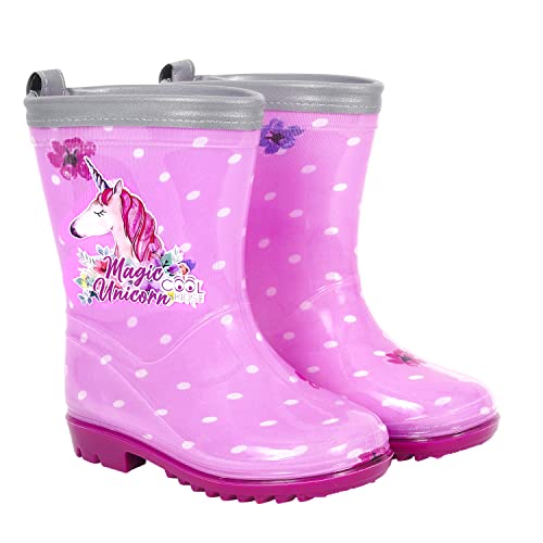 PERLETTI Kinder Einhorn Gummistiefel Rosa mit Punkten - Wasserdichte Regen Stiefel Regenstiefel mit Rutschfeste Sohle und Silber Rand Reflektierend - Unicorn Stiefeletten Mädchen (Rosa, 22/23 EU) von PERLETTI