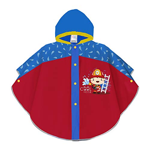 PERLETTI Kinder Regen Poncho Rot Blau Reflektierend - Feuerwehr Regenmantel Kleinkind Kindergarten 3/6 Jahre - Regencape Kleine Jungen Mädchen mit Gelben Details Cool Kids (Feuerwehrmann, 3-6 Jahre) von PERLETTI