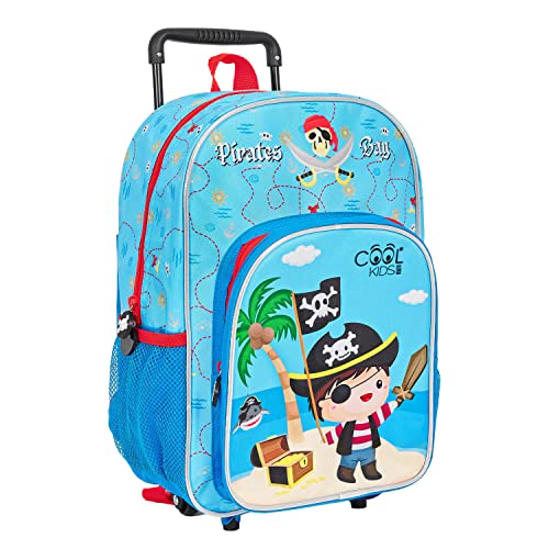 PERLETTI Kinder Rucksack Blau für Kindergarten Jungen 3 4 5 6 Jahre - Kinderrucksack mit Abnehmbaren Rädern für Kleinkinder - Pirat Dinosaurier Rollrucksack mit Reflektierenden Details (Pirat) von PERLETTI