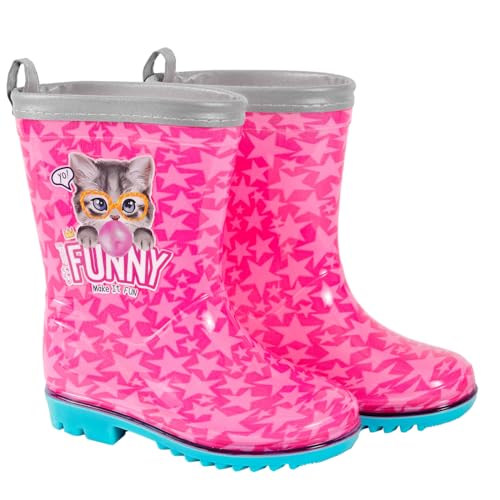 PERLETTI Kitten Gummistiefel Rosa für Kleine Mädchen - Regen Stiefel Pink Kleinkind Kindergarten 3 4 5 6 Jahre mit Katze Sternen - Kinder Kinderstiefel Stiefeletten Reflektierend (Kätzchen, 30/31 EU) von PERLETTI