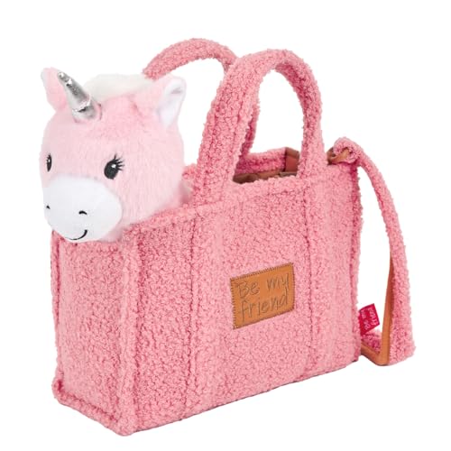 PERLETTI Kuscheltier Handtasche für Kleine Mädchen 3 4 5 6 Jahre - Weiche Kindertasche mit Abnehmbarem Pluschspielzeug für Kindergarten - Flauschig Plüschtier Plüsch 27x22x9 cm (Einhorn) von PERLETTI