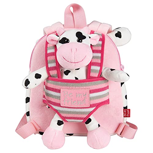 PERLETTI Kuscheltier Kuh Rucksack Kleinkinder mit Plüsch Abnehmbar und Weich - Kinderrucksack Plüschtier Kindergarten Baby Kinder 3 4 5 Jahren - Rosa Plüschspielzeug Kindertasche - 22x25x3 cm (Kuh) von PERLETTI