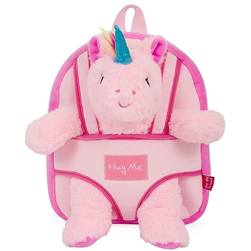 PERLETTI Kuscheltier Rucksack für Kinder mit Plüschtier - Pluschspielzeug Weich Flauschig Kindergarten Schultasche mit Plüsch Tier Tasche - 3 4 5 Jahren Baby Kindertasche 27x21x9 cm (Einhorn Pink) von PERLETTI