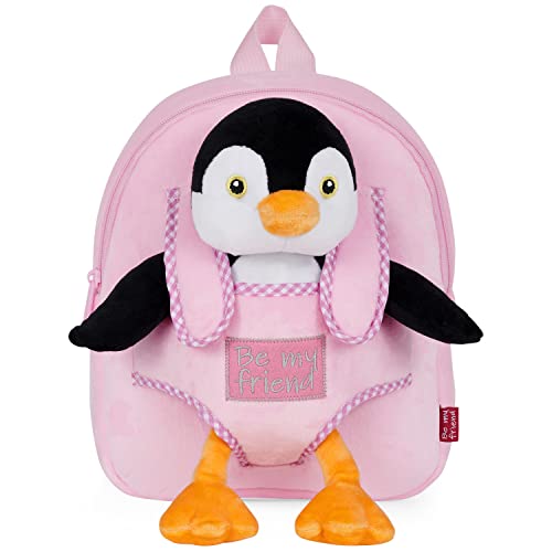 PERLETTI Kuscheltier Rucksack für Kinder mit Plüschtier - Pluschspielzeug Weich Flauschig und Kindergarten Schultasche mit Tasche für Plüsch Tier - 3 4 5 Jahren Baby Kindertasche 27x21x9 cm (Pinguin) von PERLETTI