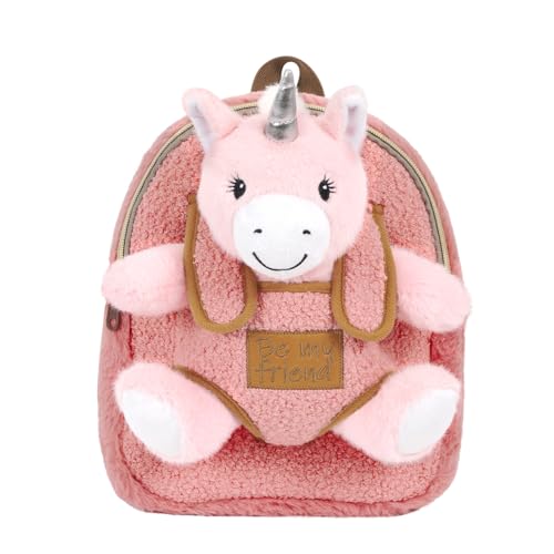 PERLETTI Kuscheltier Rucksack mit Plüsch Tier - Weich Pluschspielzeug Tasche Kinder mit Pluschtier - Kindergarten Kindertasche Flauschig Kleine Mädchen Jungen 3 4 5 6 Jahre - 27x21x9 cm (Einhorn) von PERLETTI