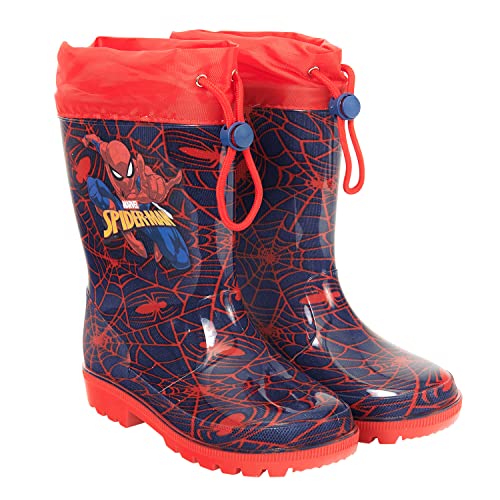 PERLETTI Marvel Spider Man Gummistiefel für Kinder - Spiderman Wasserdichte Regen Stiefel Blau mit Rutschfeste Sohle und Kordelzug - Regenstiefel für Jungen mit Roten Spinnennetze (Blau Rot, 24/25 EU) von PERLETTI