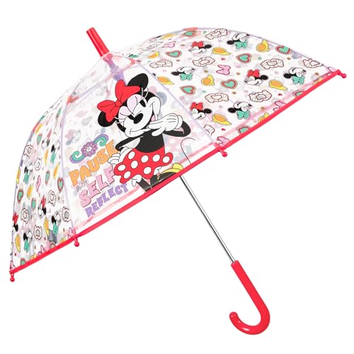 PERLETTI Minnie Mouse Regenschirm Transparent Mädchen - Disney Stockschirm Minni Maus für Kinder 3 4 5 6 Jahren - Kinderregenschirm Schirm Kleinkind Windfest - Durchm 74 cm (Manuelle Öffnung - Rot) von PERLETTI