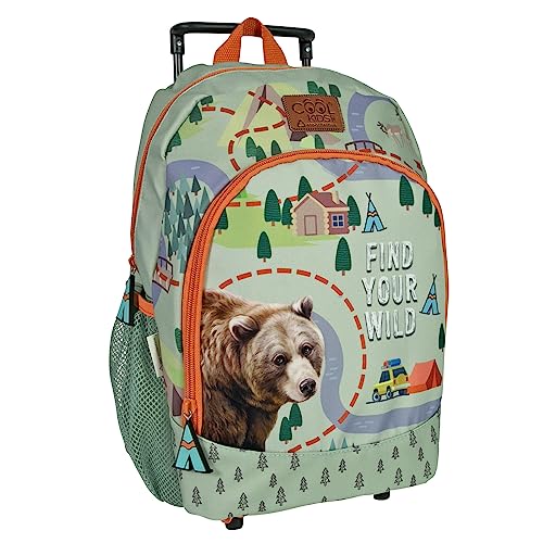 PERLETTI Ökologischer Kinderrucksack mit Rollen und Waldtieren - Kinder Trolley aus Recyceltem Kunststoff mit Rädern - Kindergarten Schulranzen Trolleytasche - 36x25x15 cm Eco (Bär) von PERLETTI