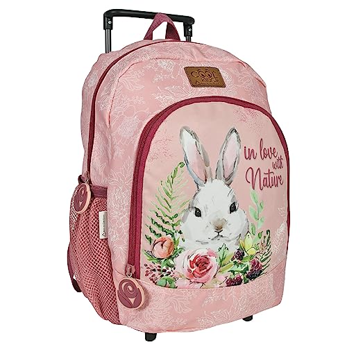 PERLETTI Ökologischer Kinderrucksack mit Rollen und Waldtieren - Kinder Trolley aus Recyceltem Kunststoff mit Rädern - Kindergarten Schulranzen Trolleytasche - 36x25x15 cm Eco (Kaninchen) von PERLETTI