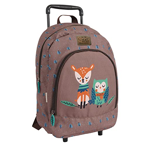 PERLETTI Ökologischer Kinderrucksack mit Rollen und Waldtieren - Kinder Trolley aus Recyceltem Kunststoff mit Rädern - Kindergarten Schulranzen Trolleytasche - 36x25x15 cm Eco (Rehkitz und Eule) von PERLETTI