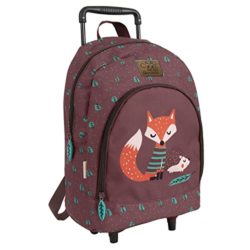 PERLETTI Ökologischer Kinderrucksack mit Rollen und Waldtieren - Kinder Trolley aus Recyceltem Kunststoff mit Rädern - Lässig Kindergarten Schulranzen Trolleytasche - 36x25x15 cm Eco (Fuchs und Igel) von PERLETTI