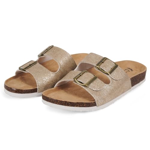 PERLETTI Pantoletten Damen Sommer mit Fußbett Echte Leder - Goldene Sandalen Mädchen Frauen Laufkomfort Bequem mit Verstellbarer Rieme - Modische Hausschuhe Schlappen Badelatschen (Gold, 36 EU) von PERLETTI