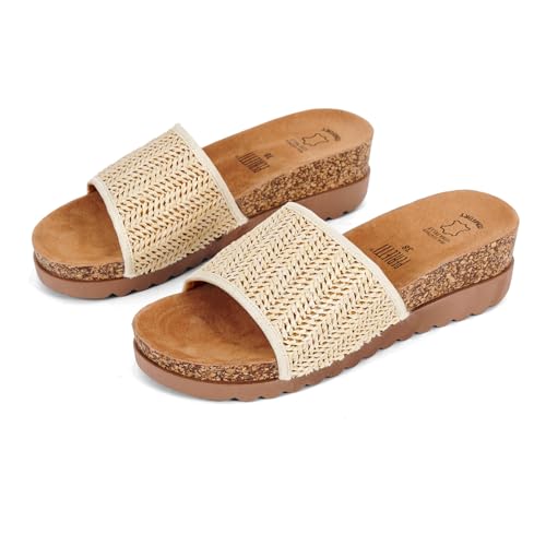 PERLETTI Pantoletten Damen mit 5 cm Keilabsatz - Frauen Hausschuhe Hauspantoletten mit Innensohle aus Echtem Leder (Raffia, EU Schuhgrößensystem, Erwachsene, Damen, Numerisch, M, 39) von PERLETTI