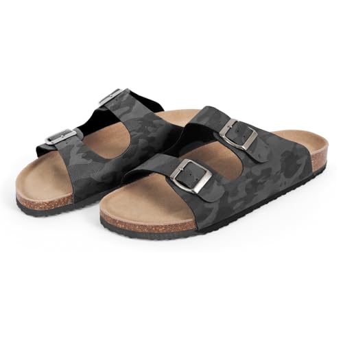 PERLETTI Pantoletten Herren Jungen mit Fußbett Echte Leder - Braune Hausschuhe Bequem Sommer - Slippers Pantoffeln für Männer - Pantoletten Sommerschuhe Outdoor (Camouflage Grau, 41 EU) von PERLETTI