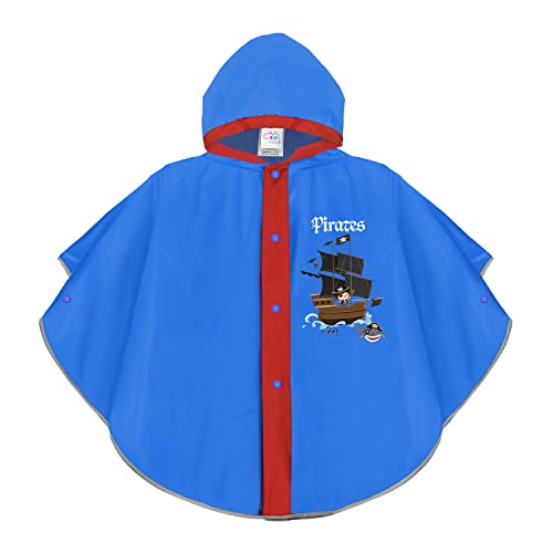 PERLETTI Pirat Regenponcho für Kinder 3 4 5 6 Jahre mit Refletierenden Details - Sicher Regen Cape Kleinkind Jungen Mädchen Kindergarten - Regenmantel Blau mit Piratenschiff (Pirat, 3-6 Jahre) von PERLETTI