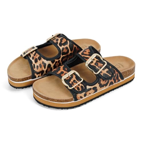PERLETTI Platform Sandalen Damen mit Fußbett Echte Leder - Sommer Pantoletten Mädchen Frauen Bequem mit Verstellbarer Riemen - Slipper mit Dicker Sohle Bequem Elegant Casual (Leopardenmuster, 36 EU) von PERLETTI