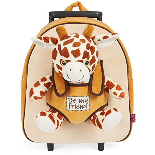 PERLETTI Plüschtier Kindergepäck Rucksack für Kinder - Kinderrucksack mit Abnehmbaren Rädern und Kuscheltier Spielzeug - Kindergarten Rollrucksack Kleinkinder 3 4 5 Jahren - 28x32x11 cm (Giraffe) von PERLETTI