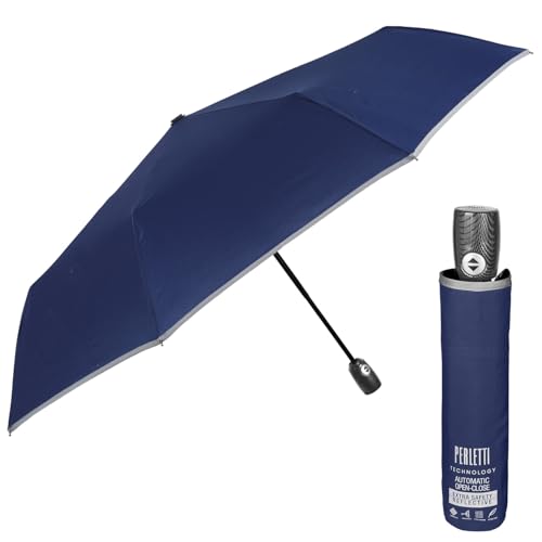 PERLETTI Reflektierender Regenschirm Herren Damen - Regen Schirm Windfest Robust Widerstandsfähig und Sturmsicher mit Glasfaser - Taschenschirm Auf Zu Automatik Technology (Blau Auf Zu) von PERLETTI