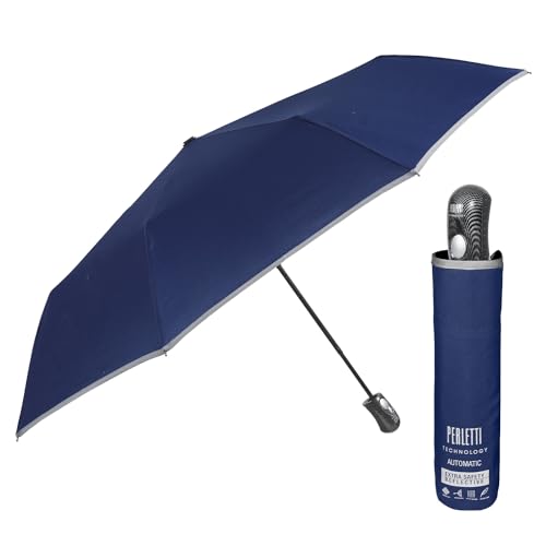 PERLETTI Reflektierender Regenschirm Herren Damen - Regen Schirm Windfest Robust Widerstandsfähig und Sturmsicher mit Glasfaser - Taschenschirm Auf Zu Automatik Technology (Blau Automatik) von PERLETTI