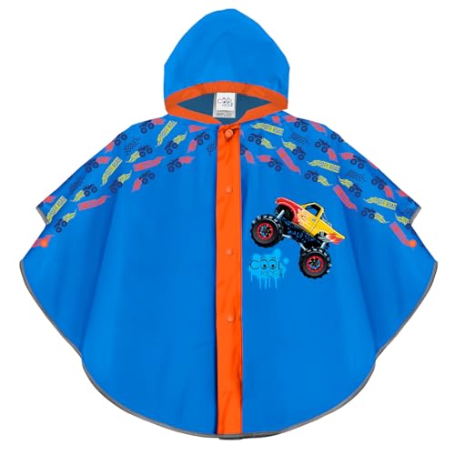 PERLETTI Regen Poncho Hellblau Reflektierend für Kinder - Monster Truck Regenmantel Kleinkind Kindergarten 3 4 5 6 Jahre - Regenponcho Regencape Blau Kleine Jungen Mädchen (3-6 Jahre, Monster Truck) von PERLETTI
