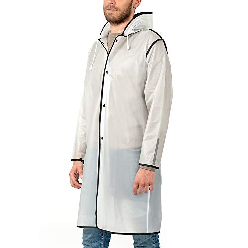 PERLETTI Regencape Wasserdicht Damen Herren Reflktierende Details - Regenjacke Wandern Outdoor Trekking Reisen mit Kapuze - Regen Poncho Waterproof Kompakt Camping (L, Transparent mit Rand Schwarz) von PERLETTI