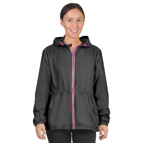 PERLETTI Regenjacke Damen Schwarz mit Hohe Sichtbarkeit - Reflektierende Regenponcho Windbreaker Trainingsjacke für Frauen - Wasserdichte Outdoor Rain Jacket - Anorak für Freizeit (L, Schwarz) von PERLETTI