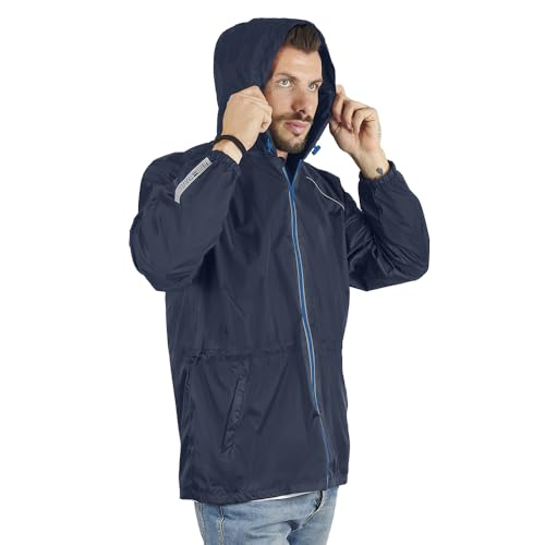 PERLETTI Regenjacke Herren Blau für Hohe Sichtbarkeit - Reflektierende Regenponcho Windbreaker Trainingsjacke für Männer - Wasserdichte Rain Jacket mit Etui - Anorak für Freizeit (XL, Blau) von PERLETTI