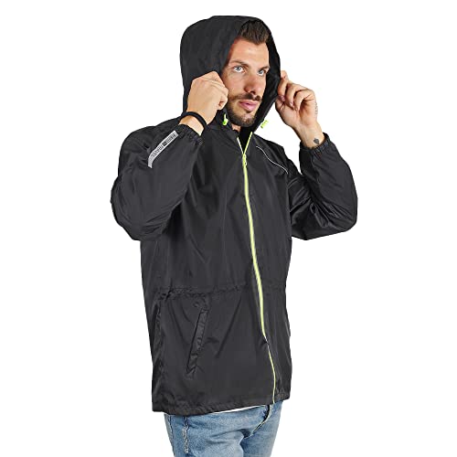 PERLETTI Regenjacke Herren für Hohe Sichtbarkeit - Reflektierende Regenponcho Windbreaker Trainingsjacke für Männer - Wasserdichte Rain Jacket mit Etui - Anorak für Freizeit (XL, Schwarz) von PERLETTI