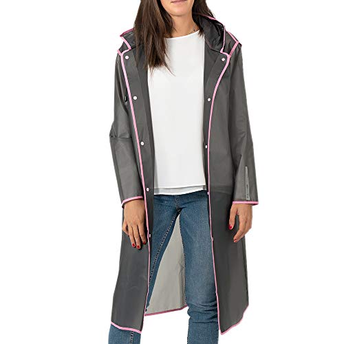 PERLETTI Regenponcho Wasserdicht Damen Herren Reflktierende Details - Regenjacke Wandern Outdoor Trekking Reisen mit Kapuze - Regen Cape Waterproof Kompakt Camping (M, Grau mit Rand Pink) von PERLETTI