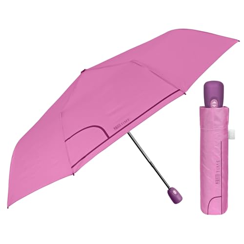 PERLETTI Regenschirm Damen Automatik Auf Zu Blau Violett - Frauen Taschenschirm Sturmfest Windischer - Reise Mini Regen Schirm Klein Kompakt Taschenregenschirm - Durchmesser 98 cm (Hellrosa) von PERLETTI