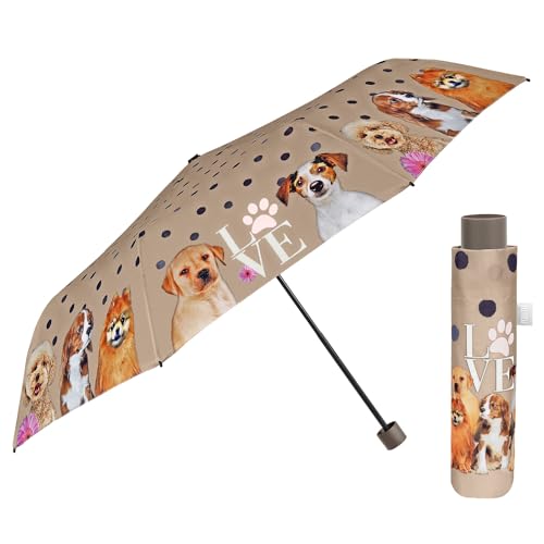 PERLETTI Regenschirm Damen mit Kleinen Hunden - Taschenschirm Manuell für Frauen Mädchen - Handtasche Damenschirm Regen Schirm Kompakt Sturmfest Leicht - Durchmesser 97 cm (Beige mit Hündchen) von PERLETTI