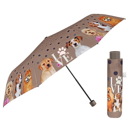 PERLETTI Regenschirm Damen mit Kleinen Hunden - Taschenschirm Manuell für Frauen Mädchen - Handtasche Damenschirm Regen Schirm Kompakt Sturmfest Leicht - Durchmesser 97 cm (Dunkelbraun mit Hündchen) von PERLETTI