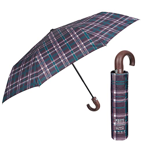 PERLETTI Regenschirm Herren Auf Zu Automatik mit Holzgriff - Scottisch Tartan Schirm Herrenschirm Sturmfest Winddicht - Braun Taschenschirm Klappbar Faltbar - Durchmesser 104 cm (Tartan Grün) von PERLETTI