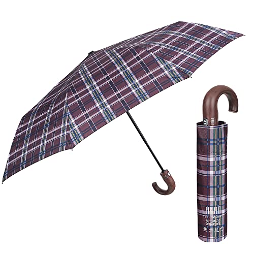 PERLETTI Regenschirm Herren Auf Zu Automatik mit Holzgriff - Scottisch Tartan Schirm Herrenschirm Sturmfest Winddicht - Braun Taschenschirm Klappbar Faltbar - Durchmesser 104 cm (Tartan Navy Blau) von PERLETTI