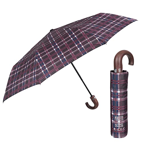 PERLETTI Regenschirm Herren Auf Zu Automatik mit Holzgriff - Scottisch Tartan Schirm Herrenschirm Sturmfest Winddicht - Braun Taschenschirm Klappbar Faltbar - Durchmesser 104 cm (Tartan Rot) von PERLETTI