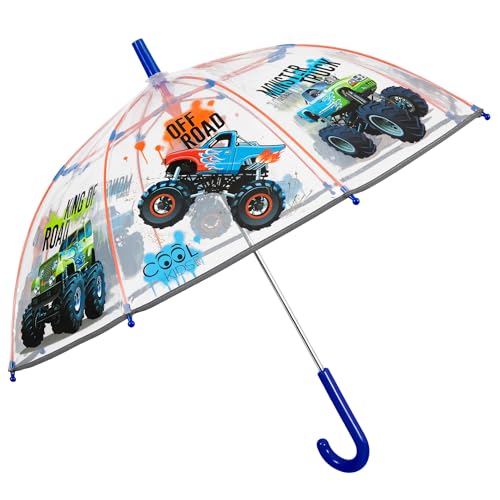 PERLETTI Regenschirm Kinder Transparent mit Monster Truck - Kinderschirm Reflektierend für Kleine Jungen 3 4 5 Jahre - Kinderregenschirm Durchsichtig Farbig Sicher - Durchm 69 cm (Monstertruck) von PERLETTI