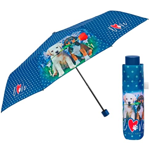 PERLETTI Regenschirm Kompakt Handtasche für Damen - Taschenschirm Manuell für Frauen Mädchen - Damenschirm Regen Schirm Sturmfest Leicht Mini - Durchmesser 97 cm (Blau mit Hunden) von PERLETTI