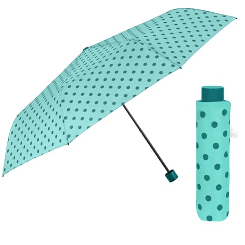PERLETTI Regenschirm Kompakt Handtasche für Damen - Taschenschirm Manuell für Frauen Mädchen - Damenschirm Regen Schirm Sturmfest Leicht Mini - Durchmesser 97 cm (Hellblau mit Punkten) von PERLETTI